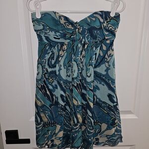 Express Teal Strapless Printed Dress